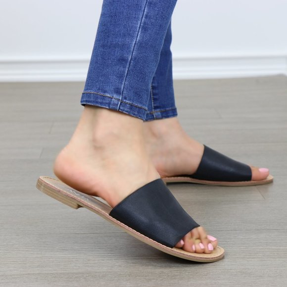 faux Leather Slip on Slider Black Flat Sandals - Picture 4 of 8